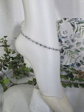 Gold Filled Anklet Ankle Bracelet White with Blue Evil Eye Design